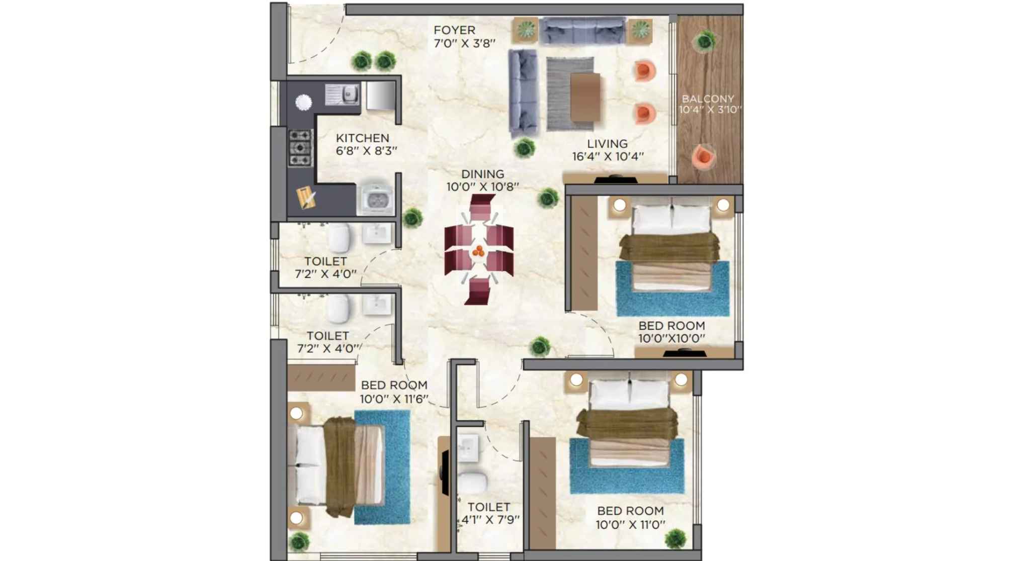Siddha-Sky-Floor-Plan-Tower-1A-3-BHK-868-sqft