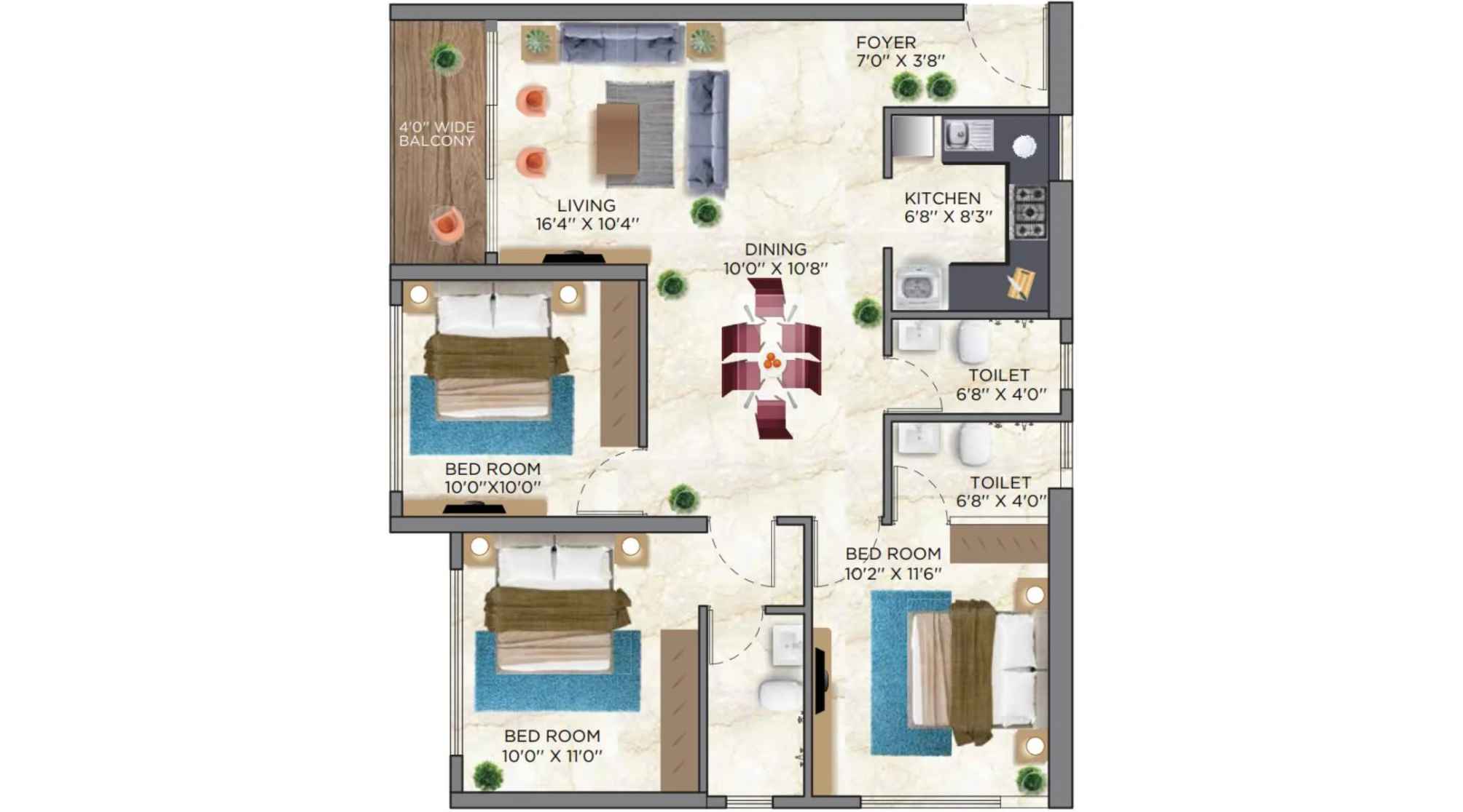 Siddha-Sky-Floor-Plan-Tower-1B-3-BHK-866-sqft