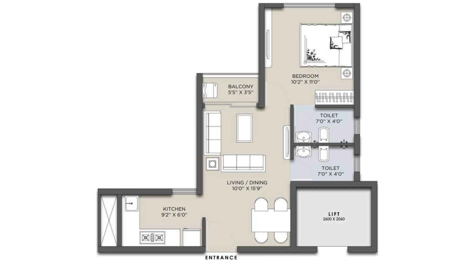Siddha-Sky-Floor-Plan-Tower-2B-1-BHK-411-sqft