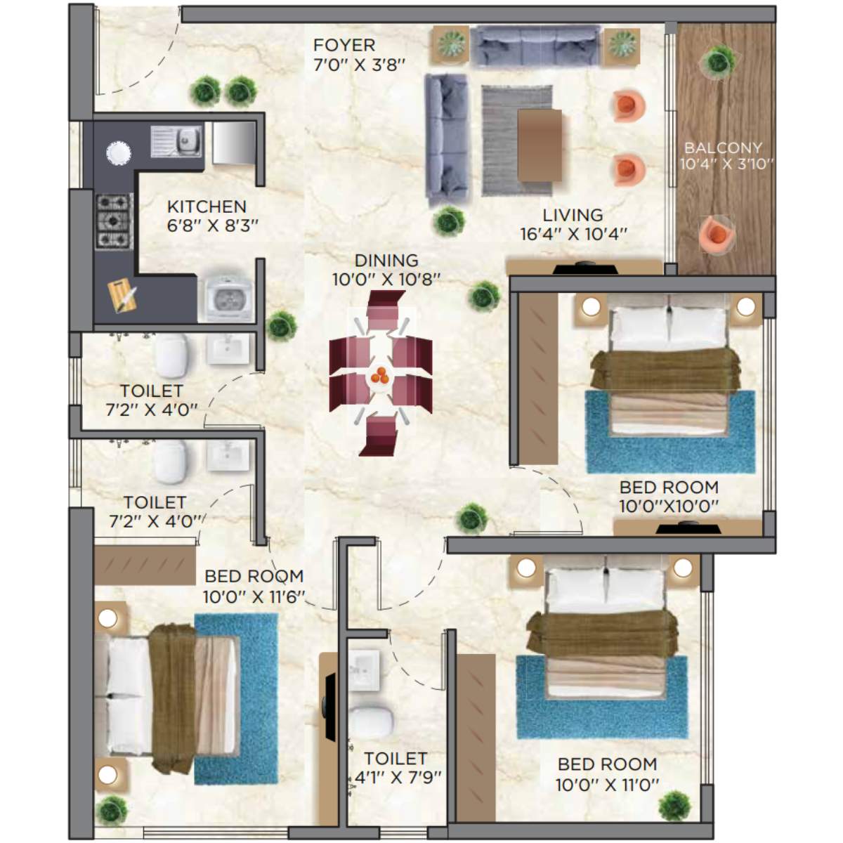 Siddha-Sky-Floor-Plan-Tower-1A-3-BHK-868-sqft