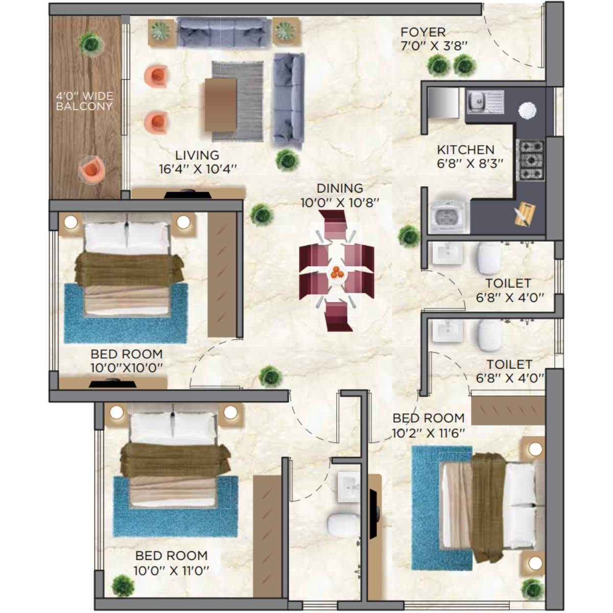 Siddha-Sky-Floor-Plan-Tower-1B-3-BHK-866-sqft