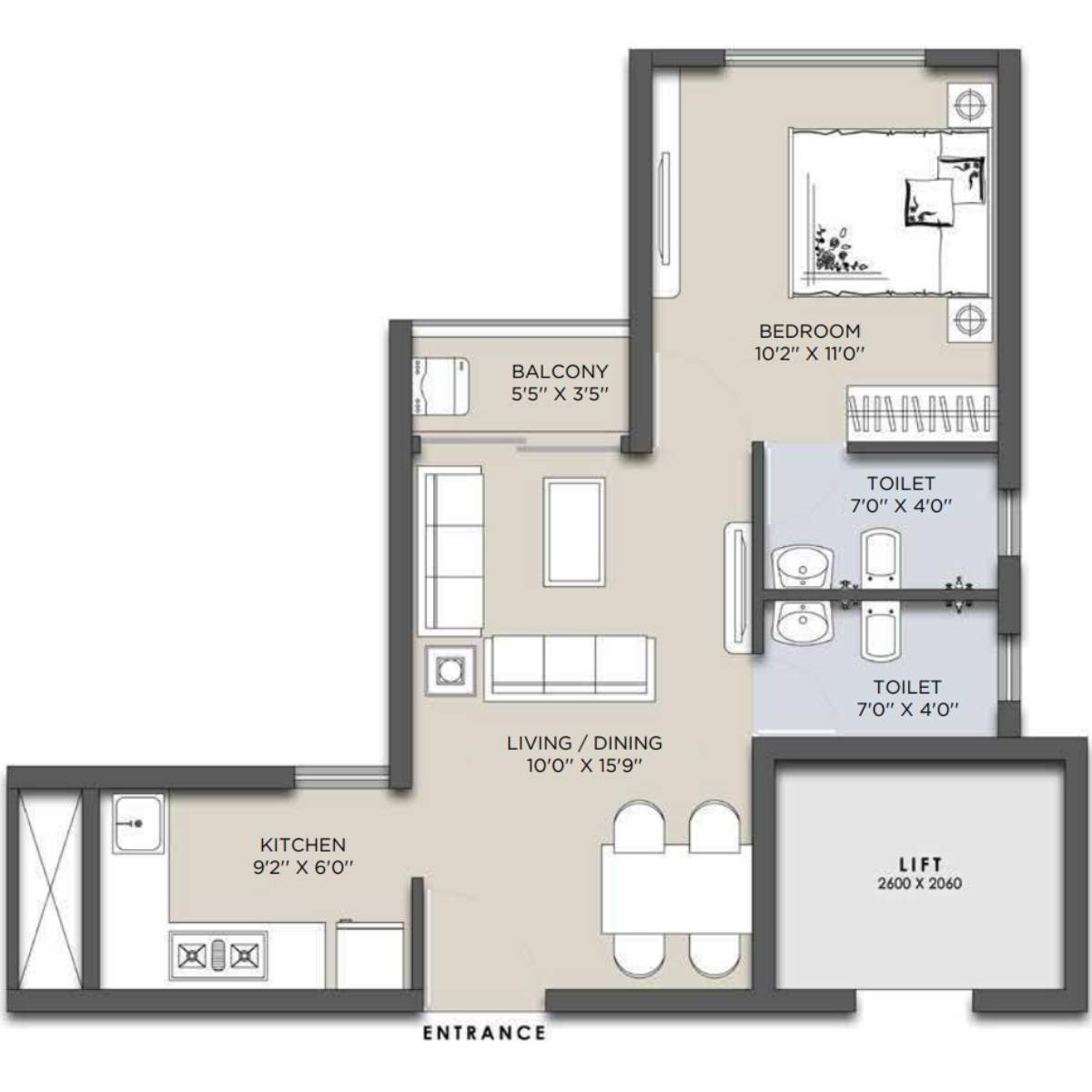 Siddha-Sky-Floor-Plan-Tower-2B-1-BHK-411-sqft