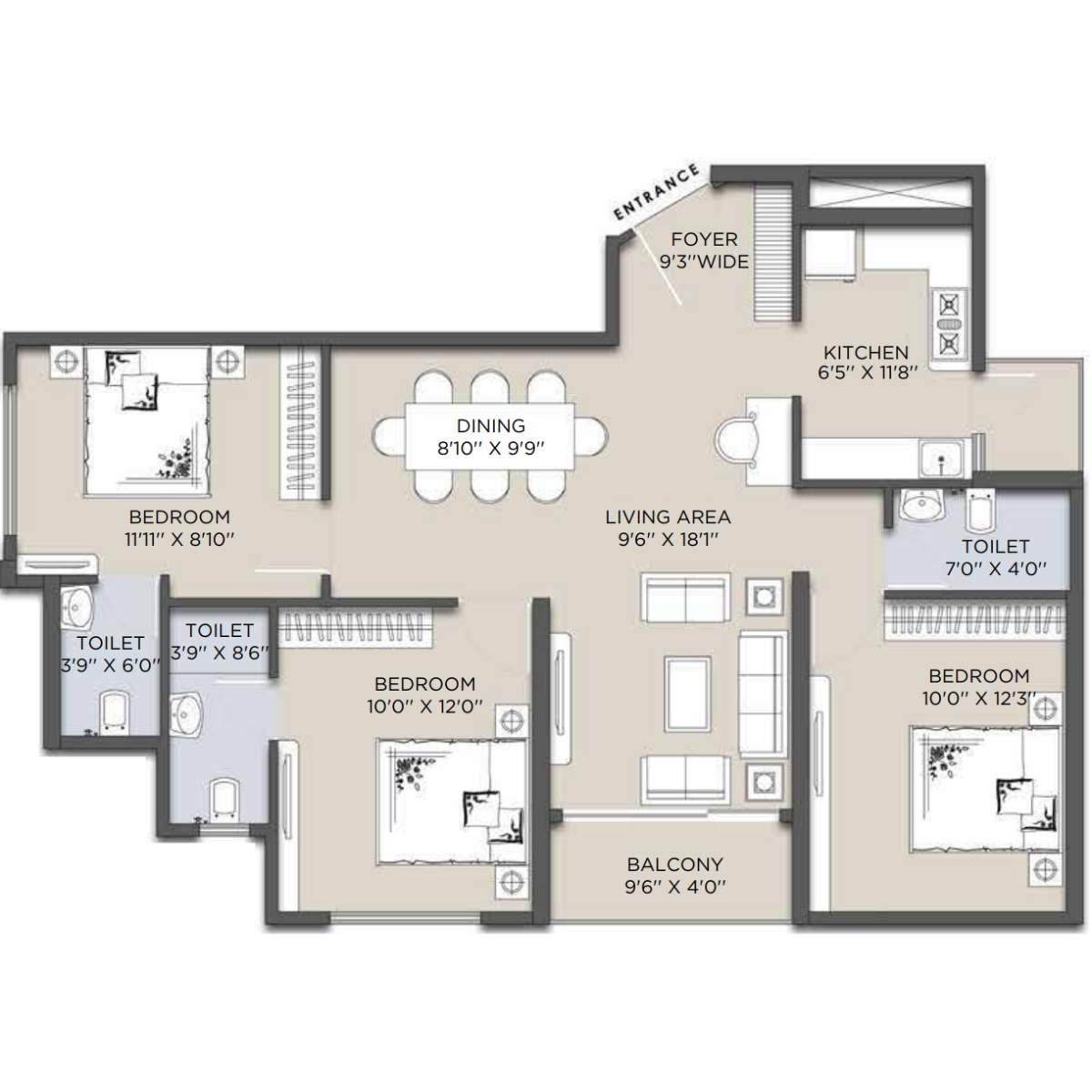 Siddha-Sky-Floor-Plan-Tower-2B-3-BHK-831-sqft